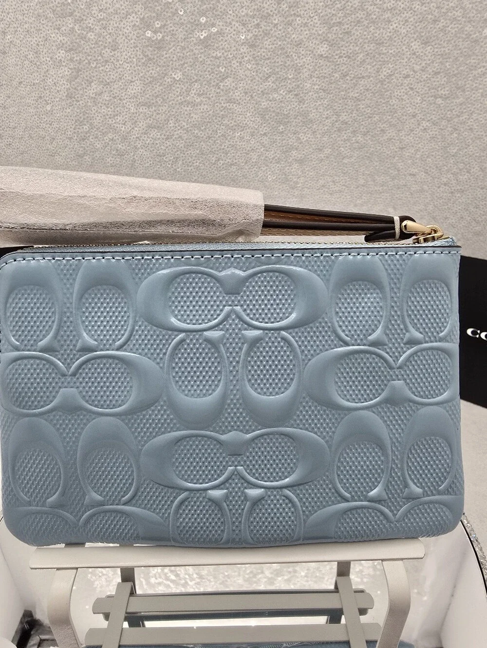 Coach Light Blue Pearlized Signature Patent Leather Wristlet Pouch